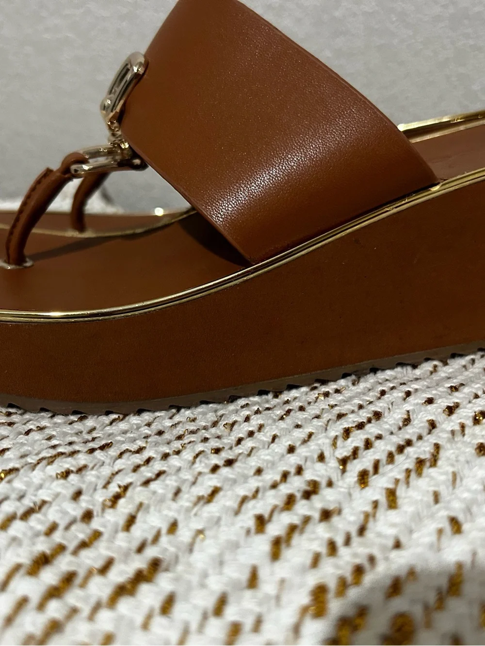 Aldo Chestnut Brown Platform Toe-Post Sandals with Gold Hardware